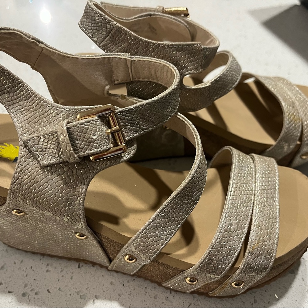 Reposhed Volatile Tori wedge sandals in pewter/gold.